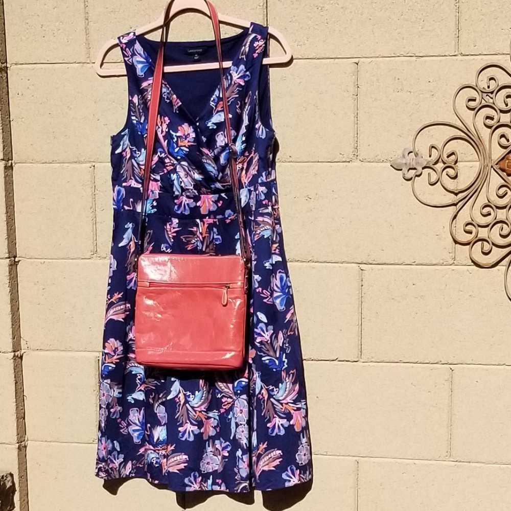 Lands’ End Women’s Floral/Navy Blue Fit & Flare Dress Surplice Bodice Size 10